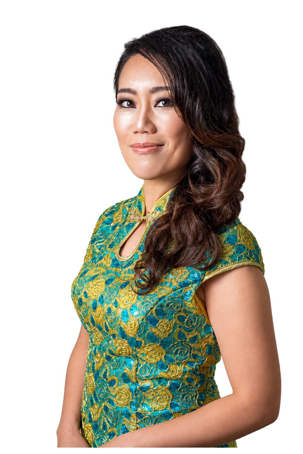 Ang Mei Foong in a turquoise and gold qipao
